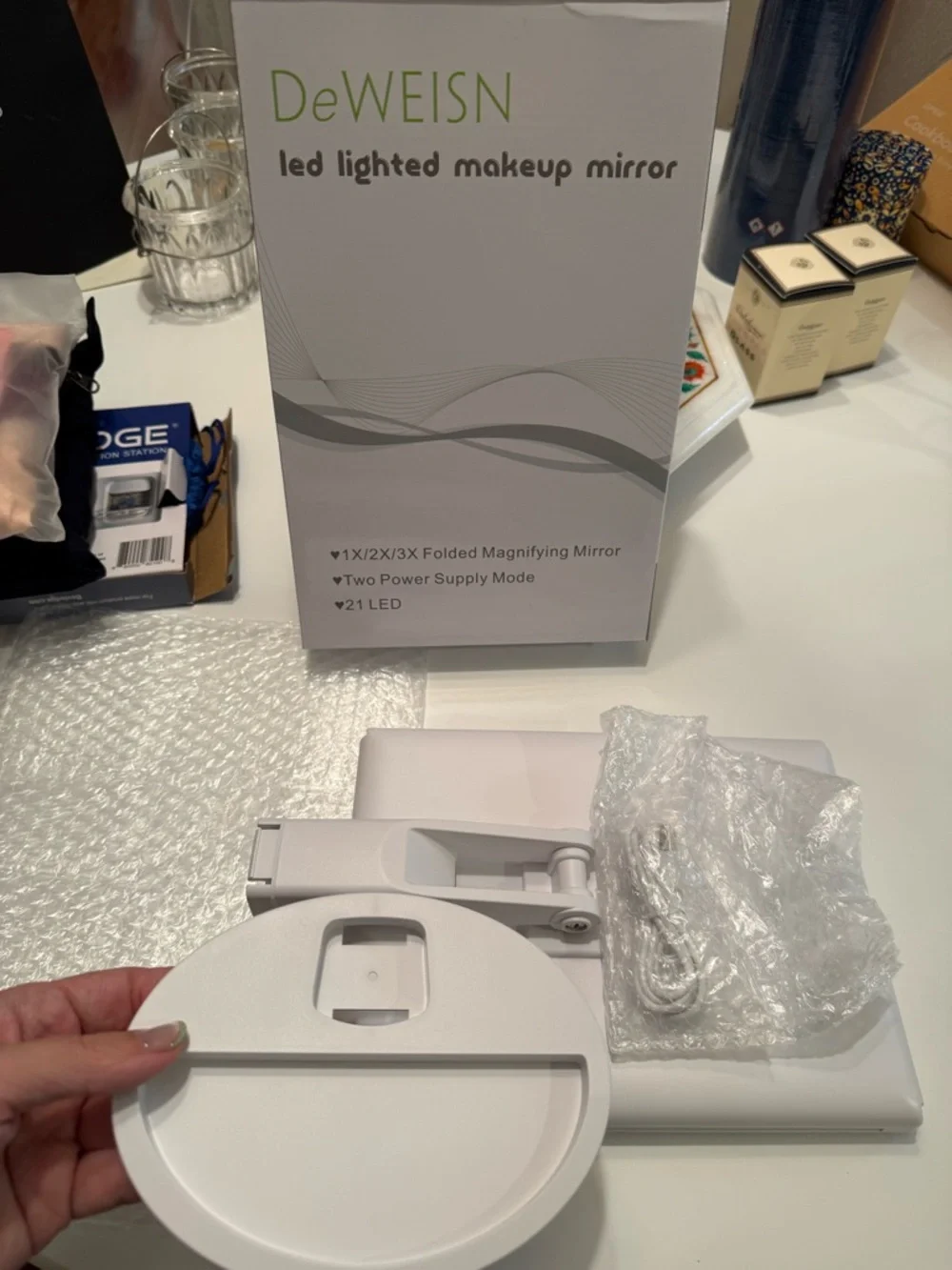 DeWeisn Tabletop Tri-Fold Lighted Vanity Mirror and 3X/2X/1X Magnification